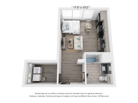 Floor plan for studio, 1 bath, 555 sqft